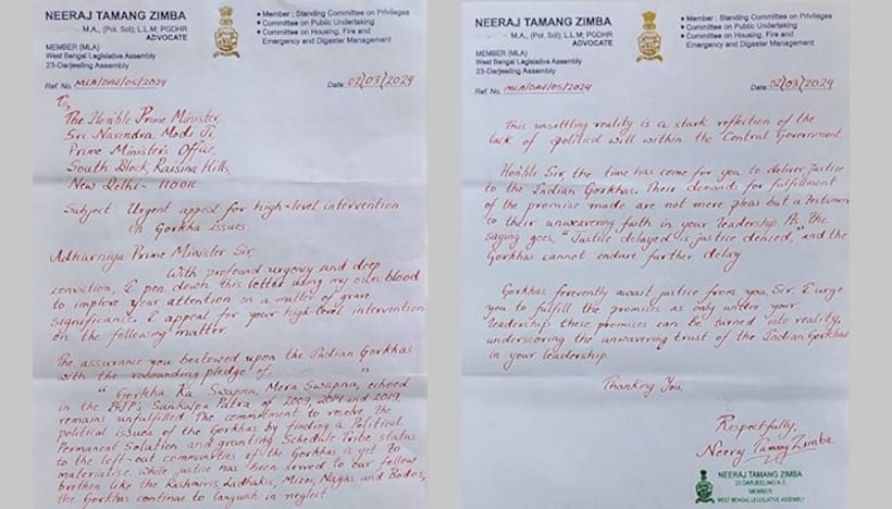 Darjeeling BJP MLA writes letter to PM Modi in blood to remind him of promise on Gorkha issues; read here