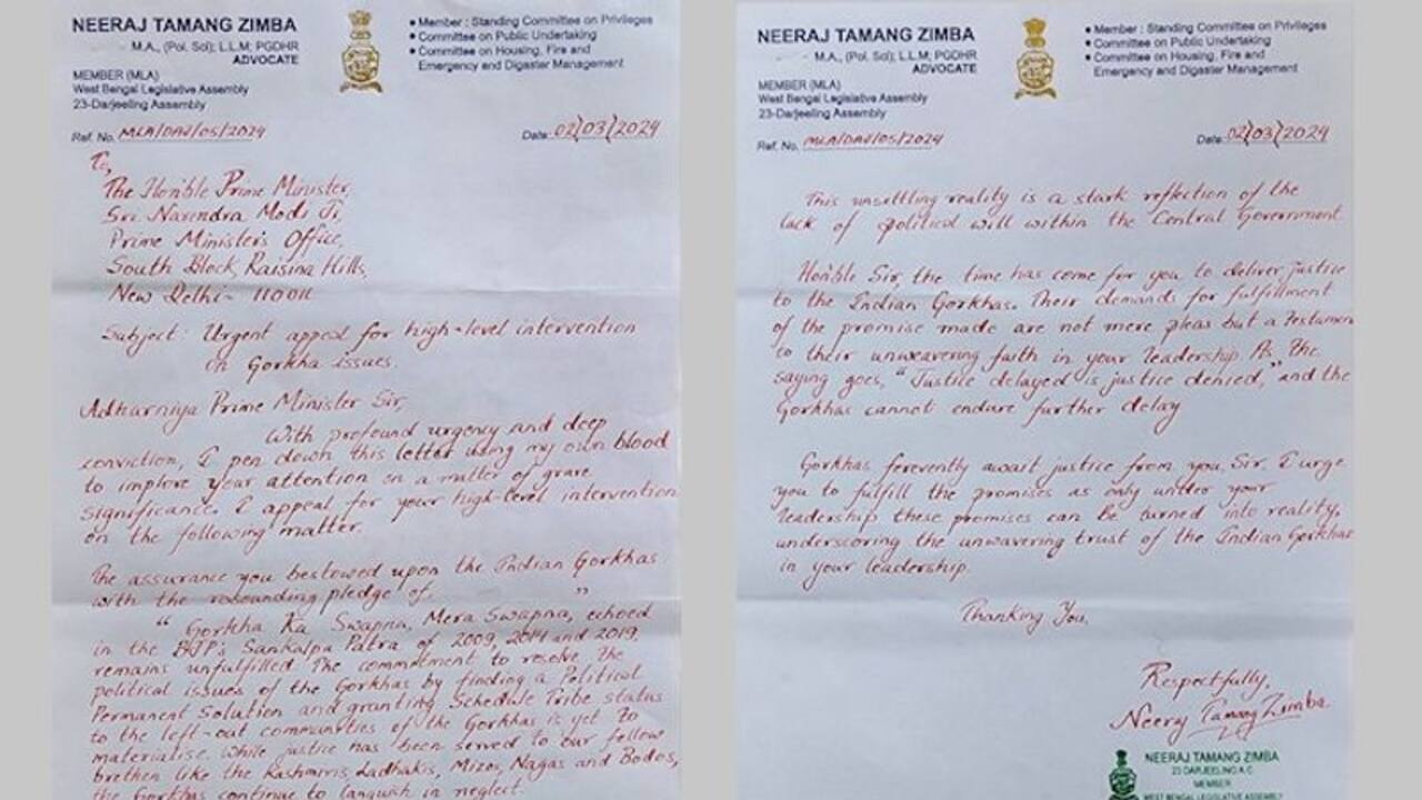 Darjeeling BJP MLA writes letter to PM Modi in blood to remind him of promise on Gorkha issues; read here