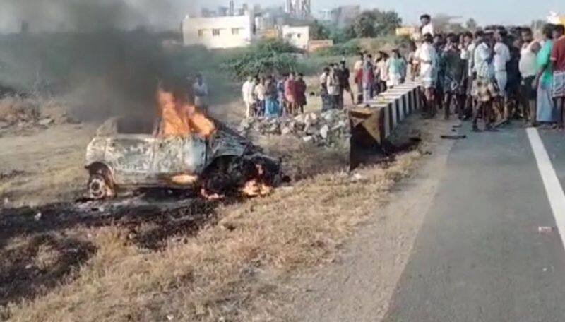 viruthunagar car accident one died after car got fire ans