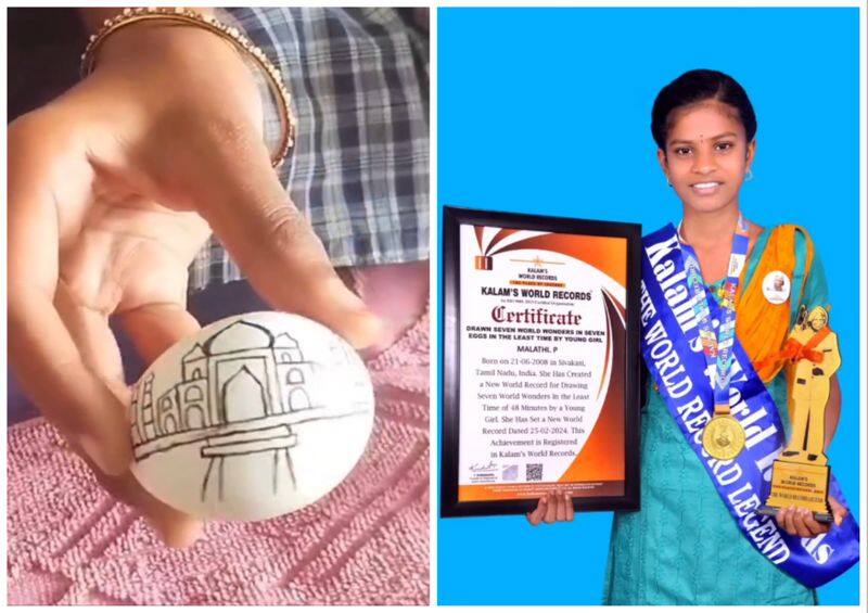 A government school student in Virudhunagar who drew the 7 Wonders in a chicken egg and made it to the Kalam World Book of Records vel