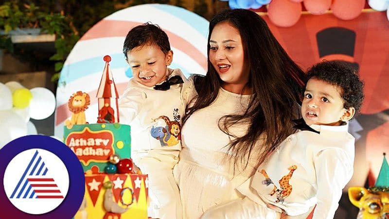 Kannada actress Amulya Jagadish celebrates twin kids Atharv and Aadhav birthday party vcs