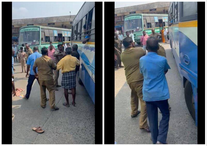 clash between government bus drivers in naththam bus stand in dindigul district vel