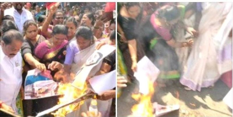 DMK woman MLA saree catches fire during protest against Khushbu KAK