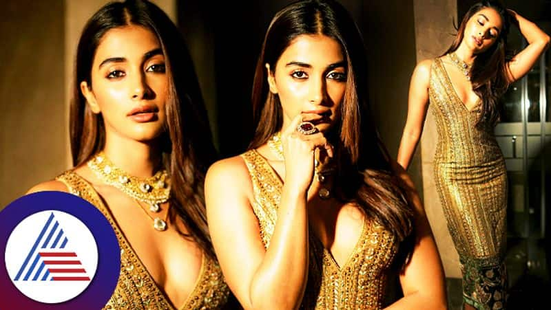 Actress Pooja Hegde Hot look in Golden gilittering gown, fans comment about her legs Vin