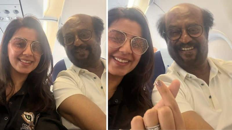 Actress Nikki Galrani takes selfie with superstar Rajinikanth during flight journey gan