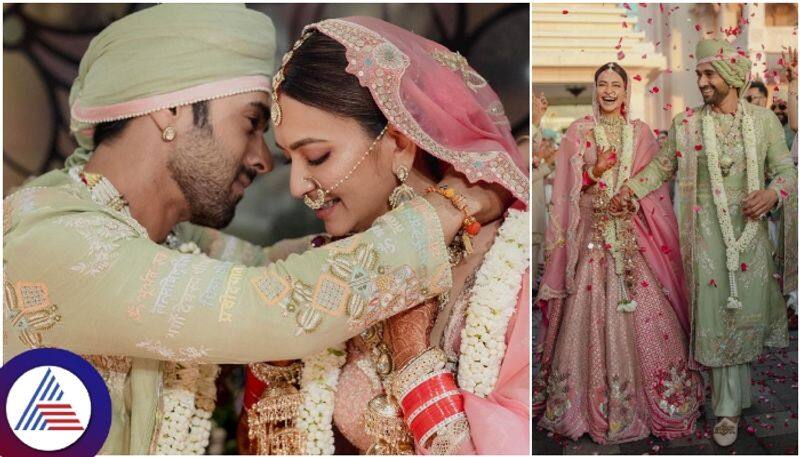 actress Kriti Karabandha husband Pulkit Samrat wearing Gayatri Mantra Sherwani at wedding sat