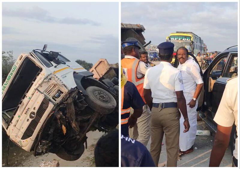 The DMK MLA got into an argument with the officials who rescued the lorry involved in an accident in Villupuram vel