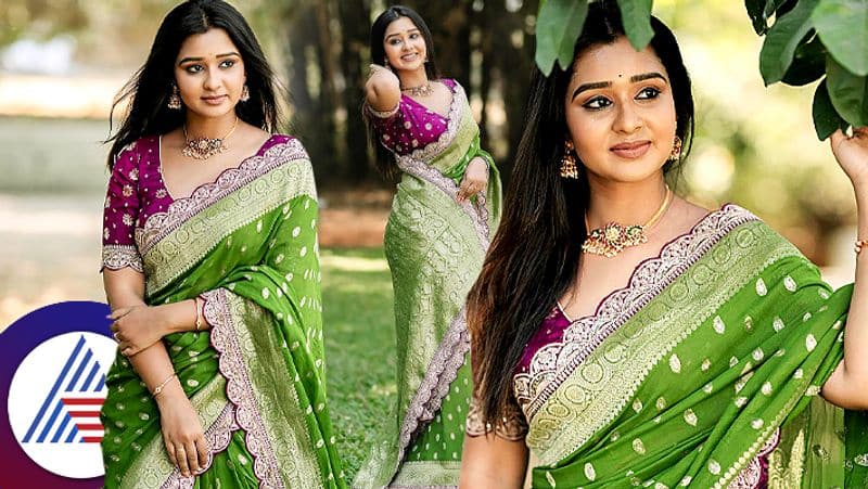 Ramachari serial of colors kannada fame Mouna Guddemane looks like parrot in green saree pav