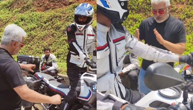 ajith kumar gives biking lessons to his travelmate viral video nsn