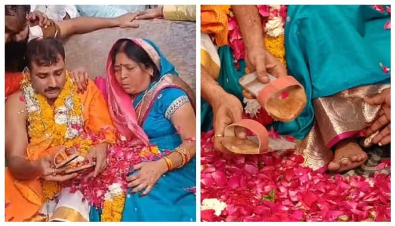 son gifting slippers to his mother it made of skin on his own body