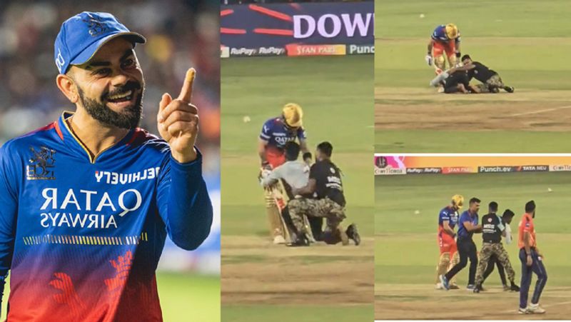 IPL 2024 Fan breaches security to hug Virat Kohli and touch his feet in Bengaluru M Chinnaswamy Stadium kvn