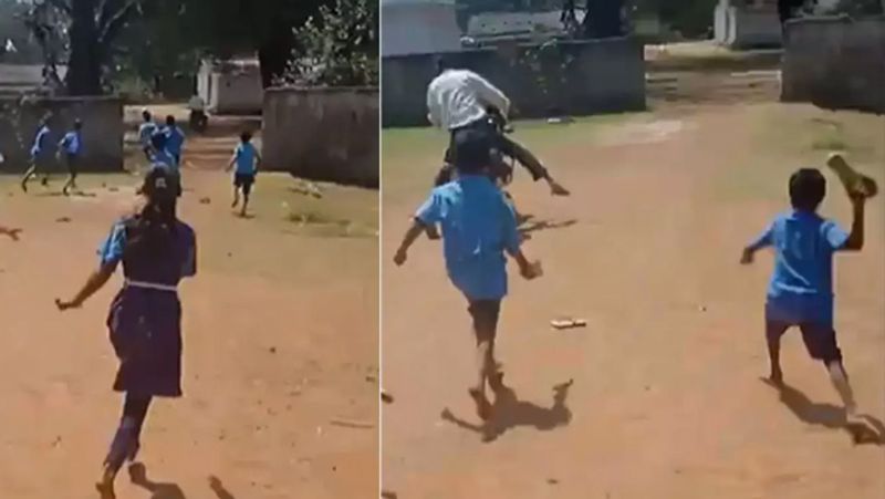 Chhattisgarh School students chase drunk teacher throw slippers tvk