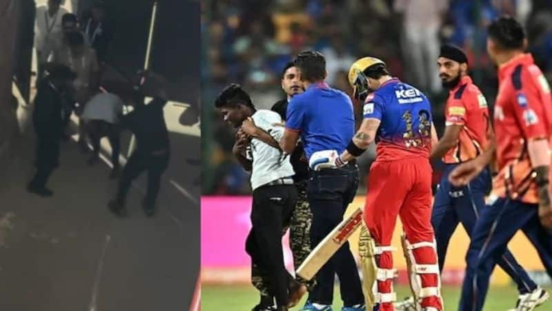 Virat Kohli Fan Who Touch his feet during RCB vs PBKS 6th IPL Match at bengaluru beaten by Security guard video viral rsk