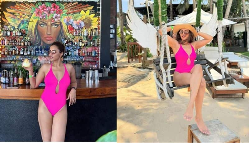 Actress Akshara Gowda relax beach side and share Pink Monokini bold photos in Social Media ckm