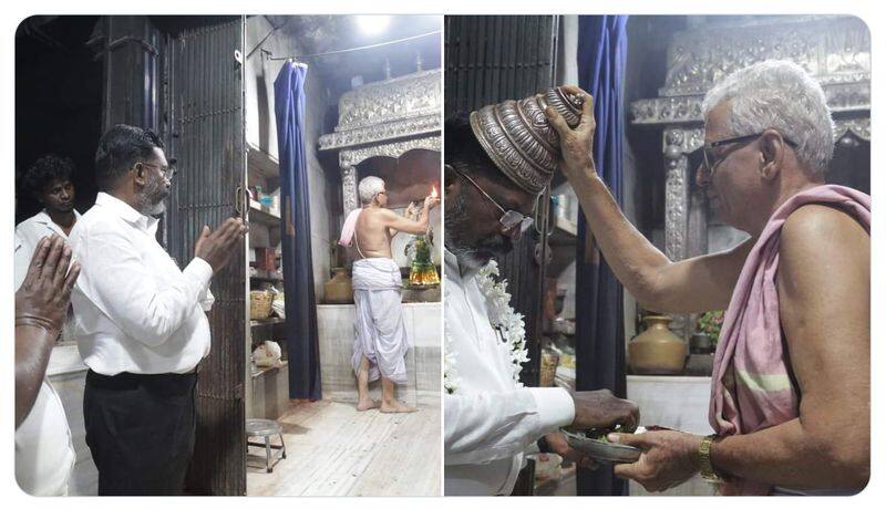 VCK chief Thol Thirumavalavan offers prayer at Kaliyuga Varadaraja Perumal temple in Ariyalur sgb