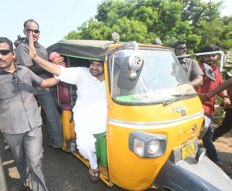 Jana sena Chief Pawan Kalyan starts Election Campaign on Auto in Pithapuram Assembly segment lns