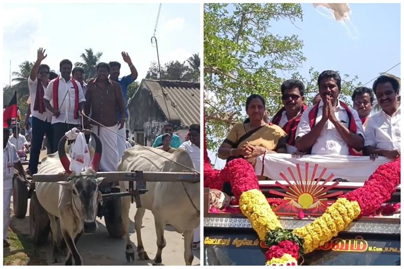 In Kanchipuram, the DMK candidate came on a bullock cart and campaigned vel