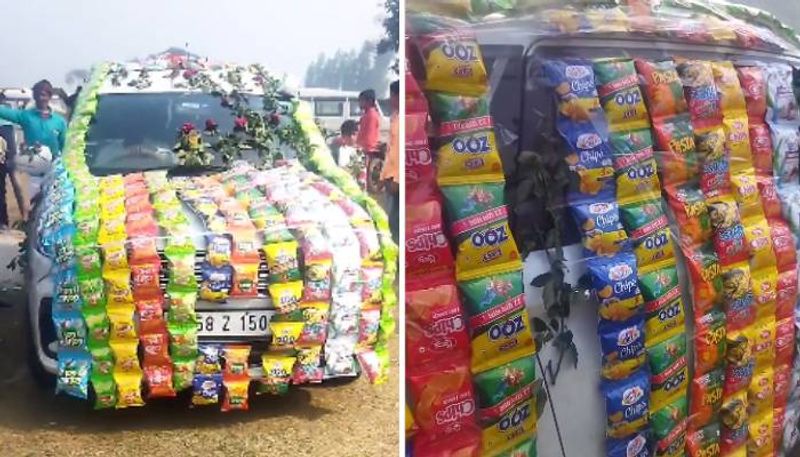 grooms car decorated with chips packet video went viral 