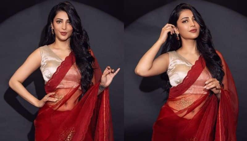 Tollywood Actress Shruti Haasan Elegance in Fiery Red Saree See Her Pics gvd