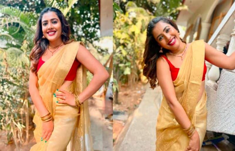 Kannada Serial Actress Sara Annaiah Golden and Red Sizzling Saree look Vin