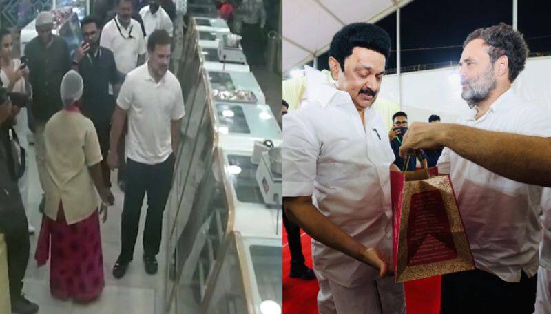 Congress Leader Rahul Gandhi bought Sweets for cm stalin in coimbatore video viral ans