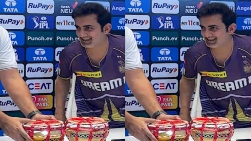 Kolkata Knight Riders Mentor Gautam Gambhir distributing Bengali sweet Rasagulla with reporters for Shubho Noboborsho in advance rsk