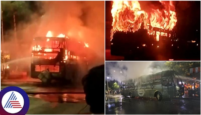 Bengaluru to Sandur going SRJ sleeper coach bus caught fire in Majestic bus stand sat