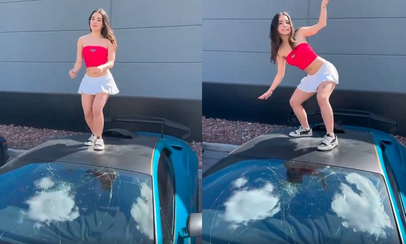 teen girl insta dance reels on an expensive Lamborghini car,  brokes car  glass !-sak