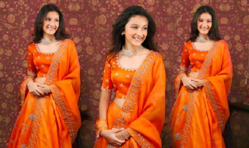 Superstar Mahesh Babus Daughter Sitara Ghattamaneni looks beautiful in Orange color Lehagnga Vin