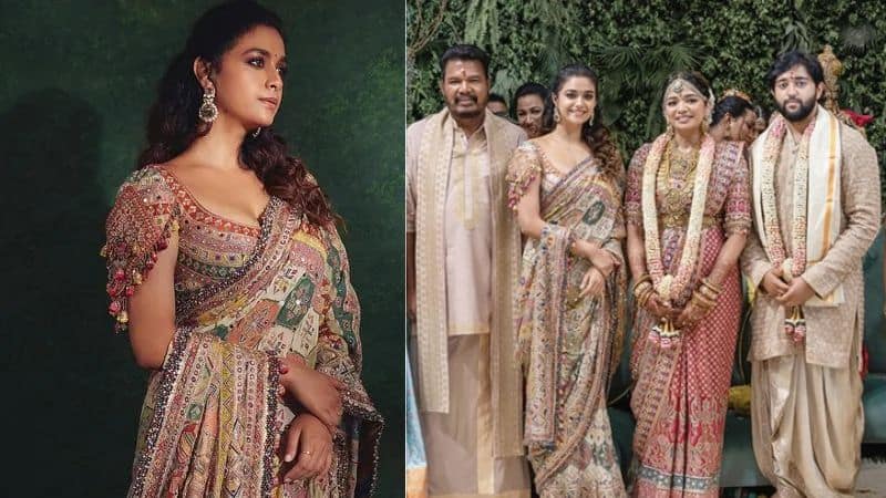 Keerthy suresh wear 3 lakh worth saree for director Shankar daughter Aishwarya wedding gan