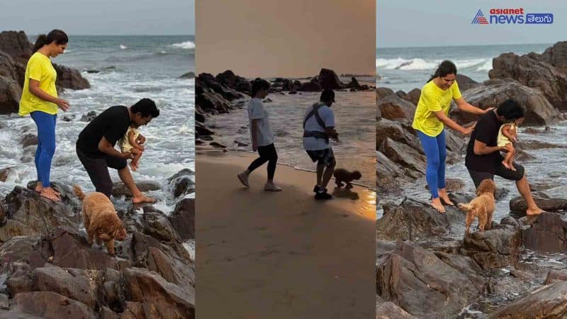 Ramcharan with daughte and upasana at vizag beach 