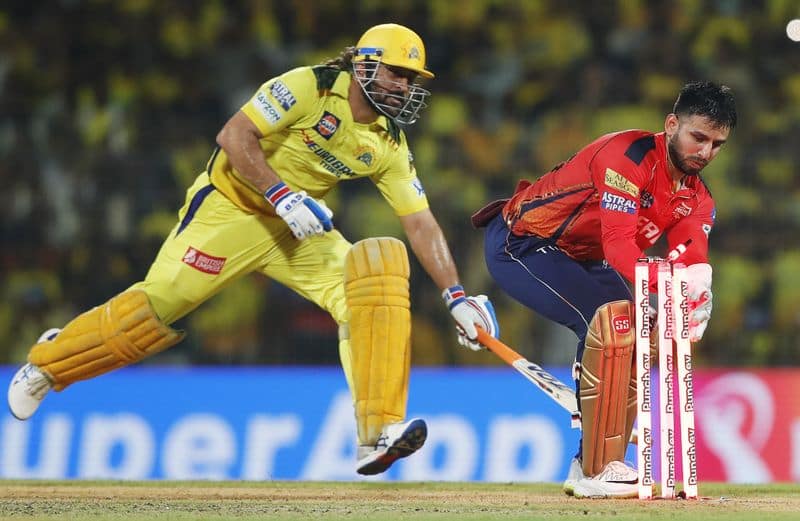 First Time in this IPL 2024 Cricket MS Dhoni out and its a Run out during CSK vs PBKS in 49th IPL 2024 Match at MA Chidambaram Stadium rsk