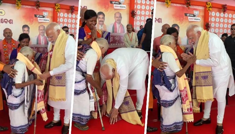 PM Modi bows down to seek blessings from Padma Shri awardee Purnamasi Jani in Odisha watch gcw