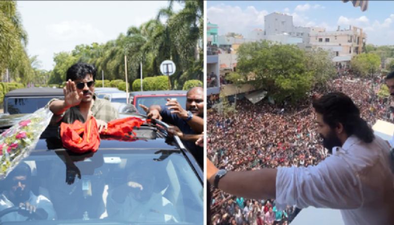 Actor Ram charan Gets mobbed by his fans to pithapuram for campaign for pawan kalyan Rya