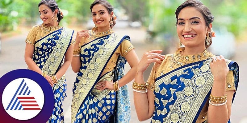 Serial Actress Vaishnavi Gowda in Blue saree look, Netisens comment about mismatch blouse Vin