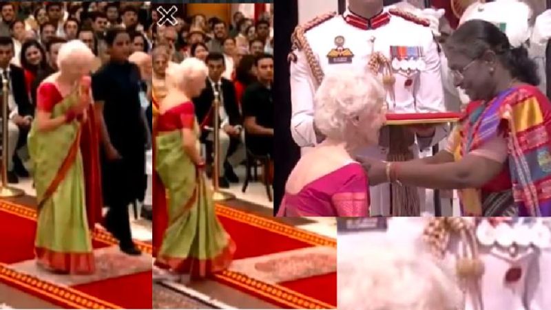 101 year old French yoga teacher Charlotte Choplin received Padma Shri dressed in a sari, netizens were amazed by her look akb