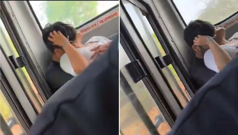 Couple caught romance and kissing in last seat of Public transport bus Odisha video goes viral ckm