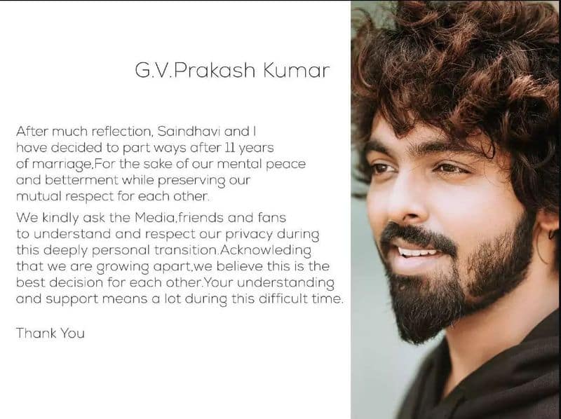 GV Prakash Kumar announces separation from wife jsp