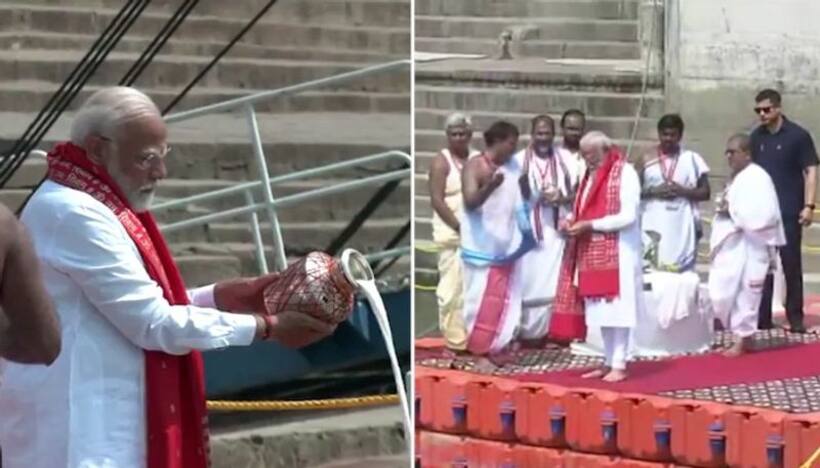 PM Modi offers prayers at Dashashwamedh Ghat, performs Ganga aarti before nomination filing in Varanasi |WATCH
