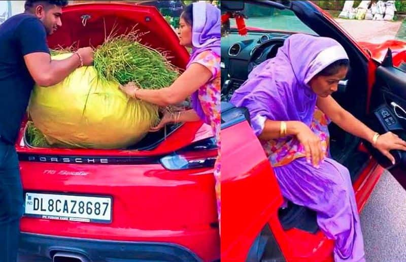 A farmer woman carried grass and fooder in a luxury Porsche car worth 1.5 crores The video gone viral akb