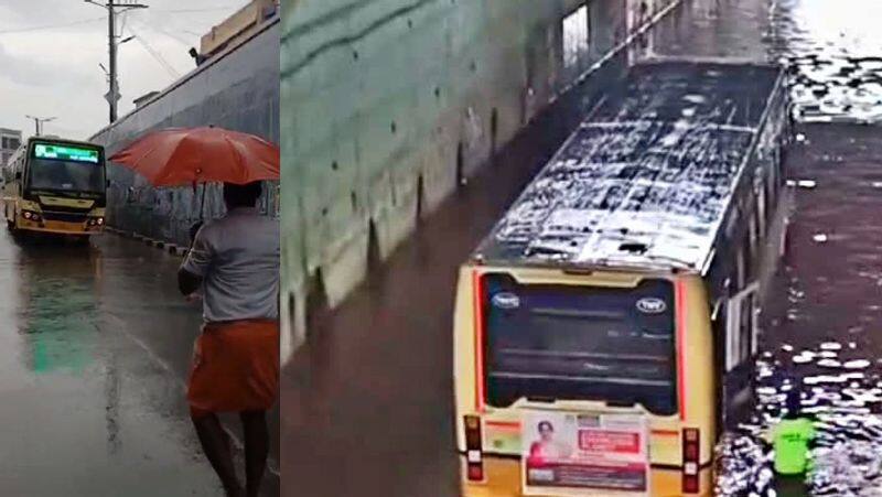 Heavy Rain... Government bus stuck in railway flyover valliyur subway tvk