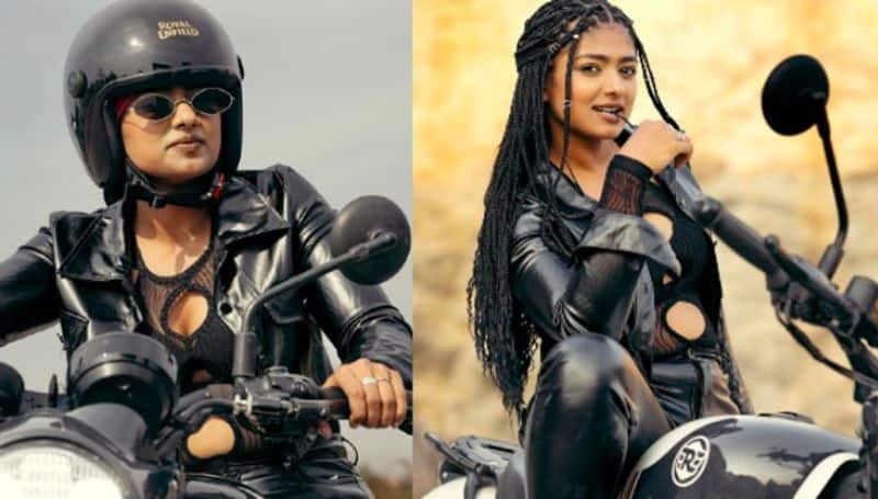 Serial Actress Biggboss fame Bhoomi shetty looks bold in black jacket and bullet ride look Vin