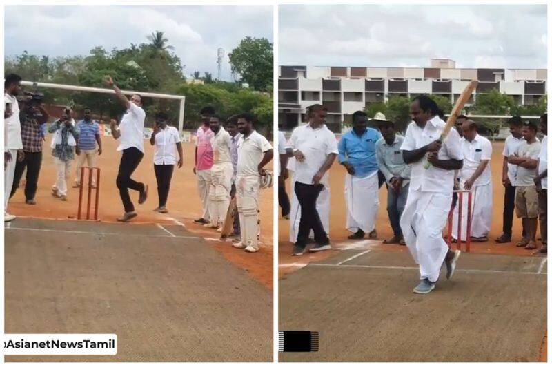 minister meiyanathan played cricket at sports inauguration event in pudukkottai vel