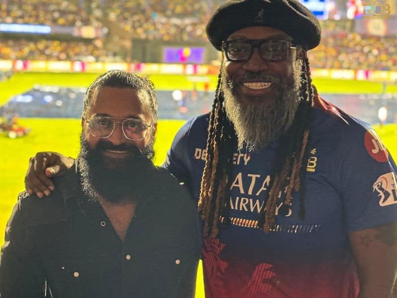 Chris Gayle and actor Rishabh Shetty watching RCB vs CSK 68th IPL Match at M Chinnaswamy Stadium rsk