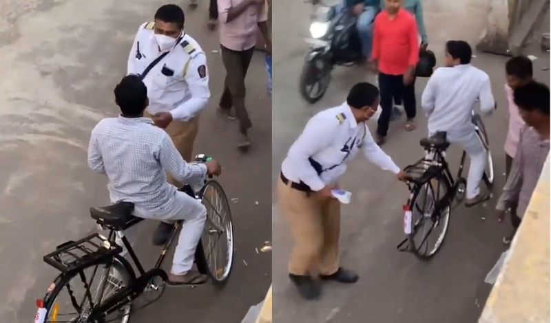 Traffic Police warn cycle rider for wrong side Netizens Debate over Motor vehicle act rule ckm