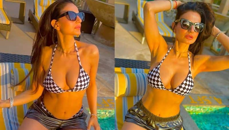 Ameesha Patel Stunning Poolside Pics Checkered Bra Top and Hot Shorts san