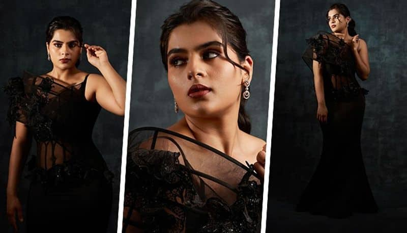 Telugu actress Kavya Kalyanram dons sheer black gown with 3D floral patterns kvn