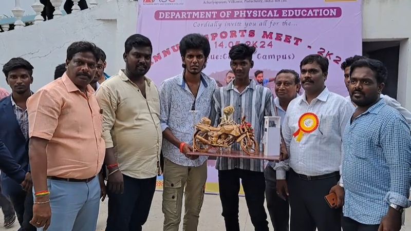 school student gift a handmade miniature bike to kpy bala in puducherry vel