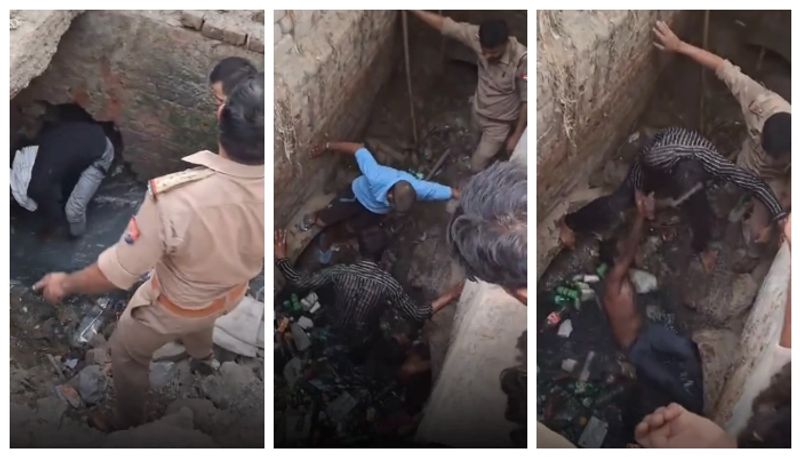 video of a man trapped inside a drainage pipe and rescued by the police went viral 