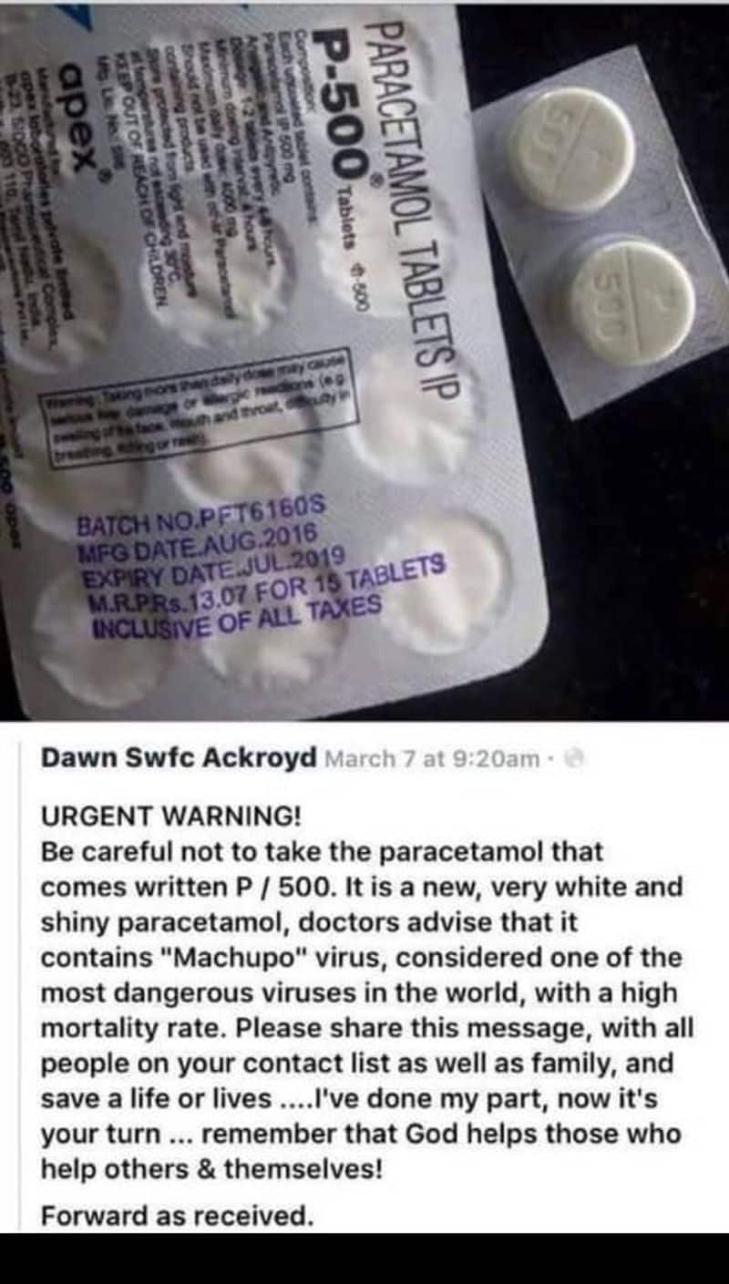 P 500 variant of Paracetamol tablets contain a deadly virus called Machupo here is the reality 